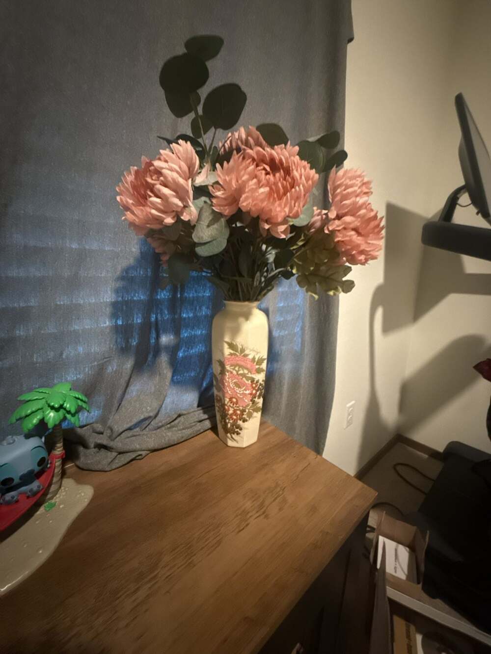 Vintage Hexagonal Ceramic Floral Vase with Crackle Glaze